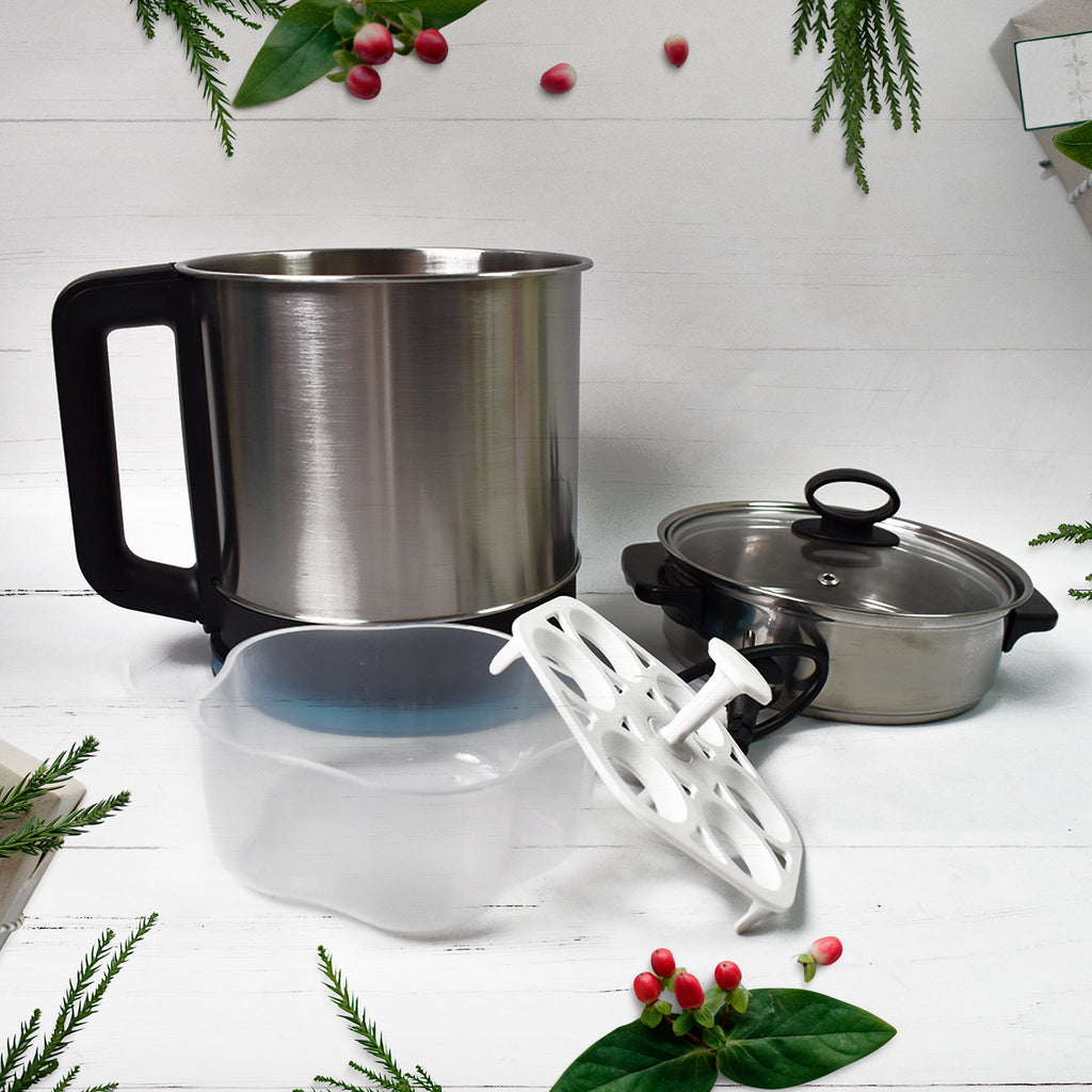 2.5L stainless steel cooker with heat-resistant handle and transparent lid for easy meal prep