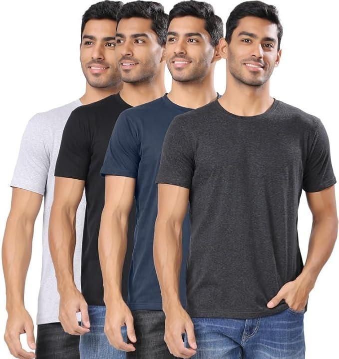 "Men's polycotton round neck T-shirts pack of 4 in solid colors"