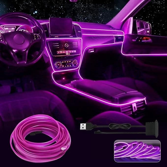 Purple neon EL wire installed along car dashboard edges
