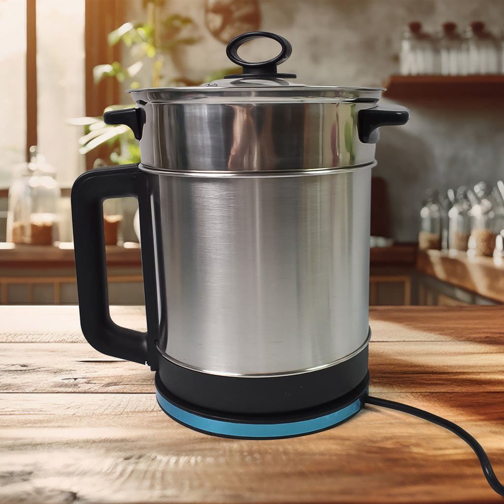Versatile 2-in-1 soup maker and kettle with stainless steel body, designed for boiling, simmering, and steaming